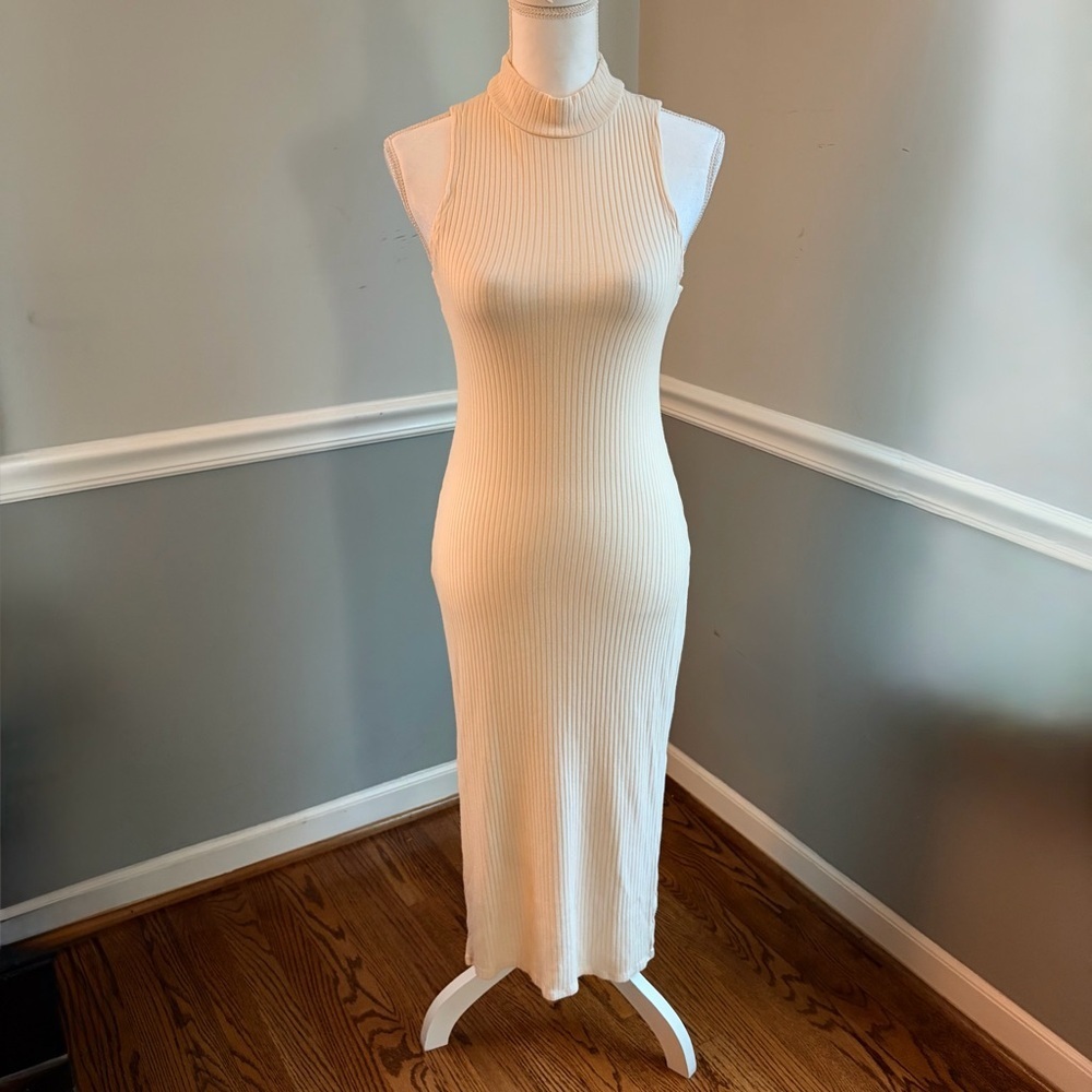 Beyond Yoga Well Traveled Rib Midi Dress Ivory Mock Neck Sleeveless Size Small - Picture 4 of 10